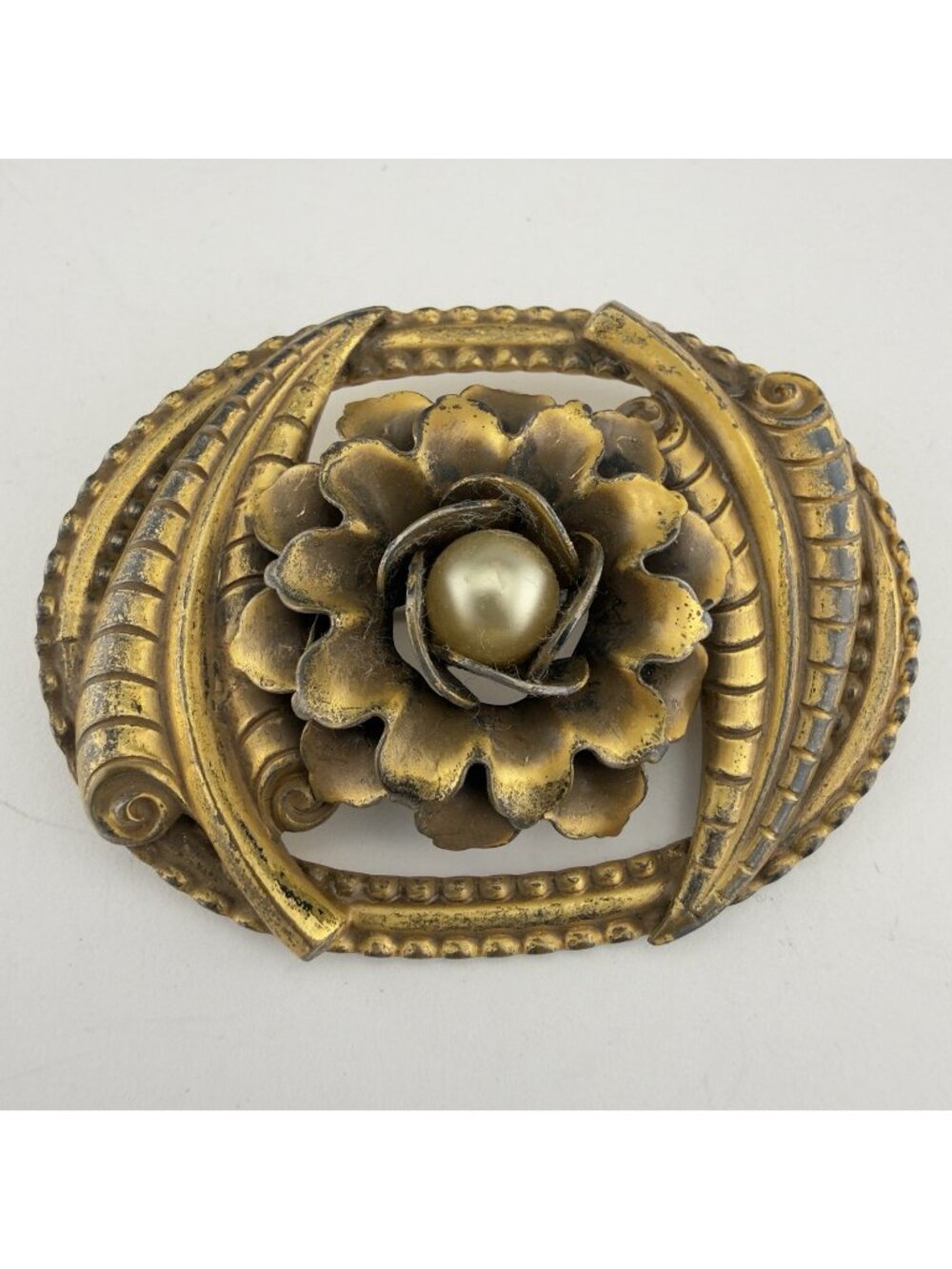 Vintage Sash Pin Brooch Art Nouveau Floral Repousse Gold Tone Faux Pearl 3”